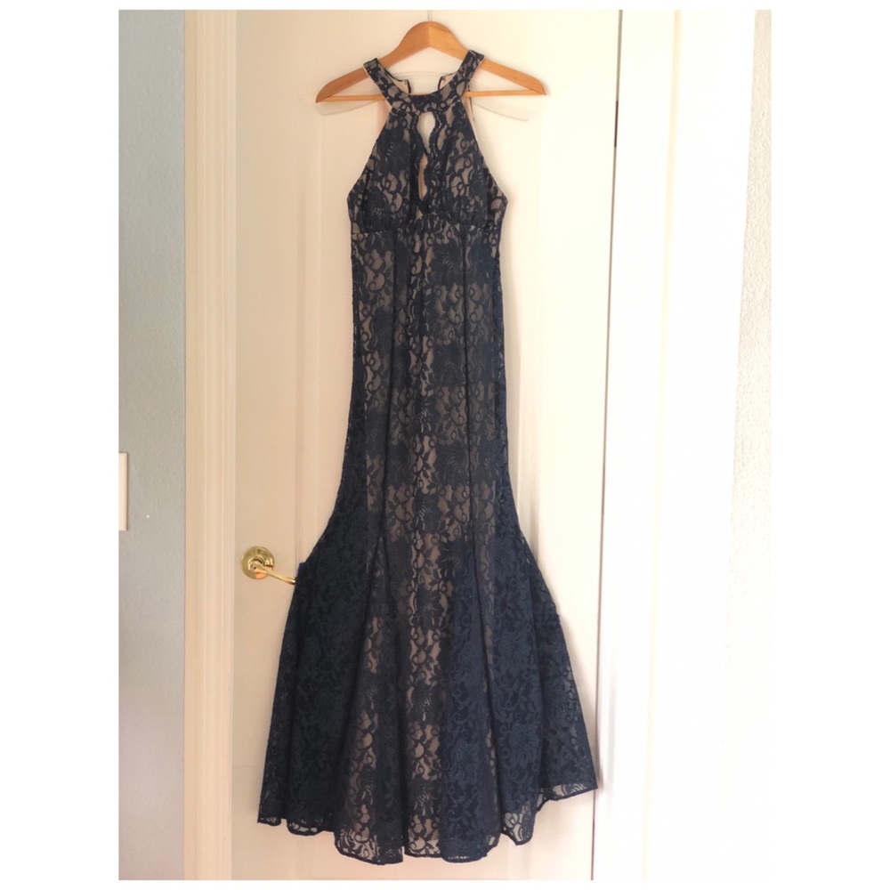 A blue lace long dress.
